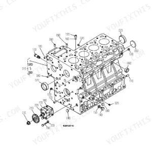 Kubota L4610DT-HST exploded view diagram of the engine crankcase assembly with numbered components.