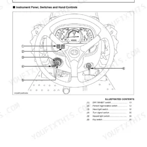 Kubota L4701 instrument panel and controls diagram showing switches, turn signal, and key switch locations.