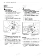 Kubota L4701 parking procedure diagrams for manual transmission and HST models showing brake pedal and lever operation.