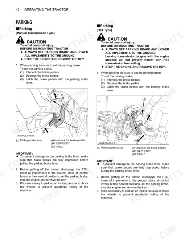 Kubota L4701 parking procedure diagrams for manual transmission and HST models showing brake pedal and lever operation.