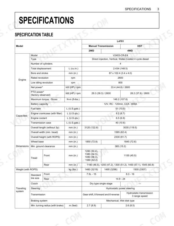 Kubota L4701 tractor specification table covering engine, capacities, dimensions, weight, and traveling system data.