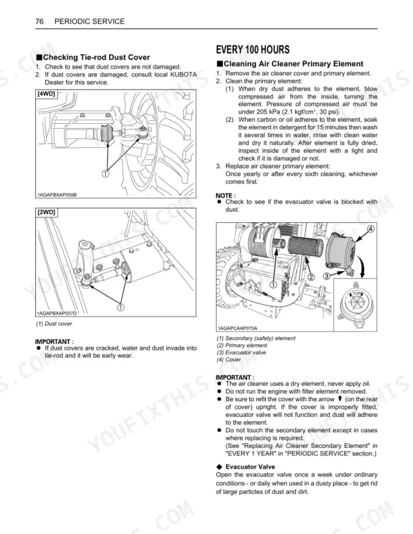 Kubota L4701 periodic service: checking tie-rod dust covers and cleaning air cleaner primary element procedures.
