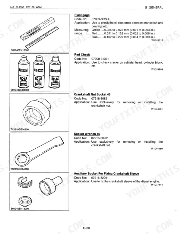 Kubota L48, TL1150, BT1100, TL1150SG service manual page showing special tools: Plastigage, Red Check, and crankshaft sockets.