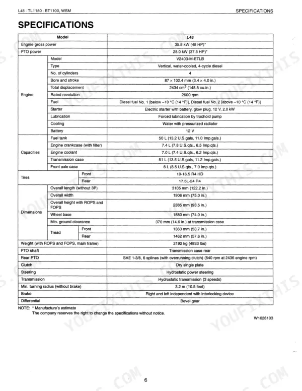 Kubota L48, TL1150, BT1100, TL1150SG technical specifications table for engine, capacities, dimensions, and drivetrain.