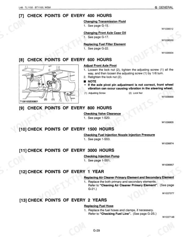 Kubota L48, TL1150, BT1100, TL1150SG maintenance schedule for 400 to 3000 hours and front axle pivot adjustment diagram.