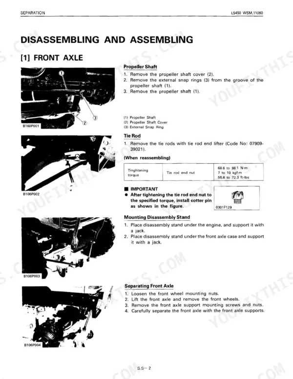 Kubota L5450 front axle disassembly, propeller shaft removal, tie rod torque specs, and axle separation procedures.
