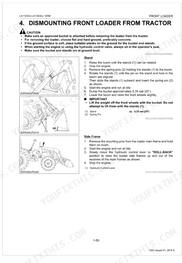 Kubota LA1153AU, LA1353AU front loader dismounting procedure, including stand and side frame removal diagrams.