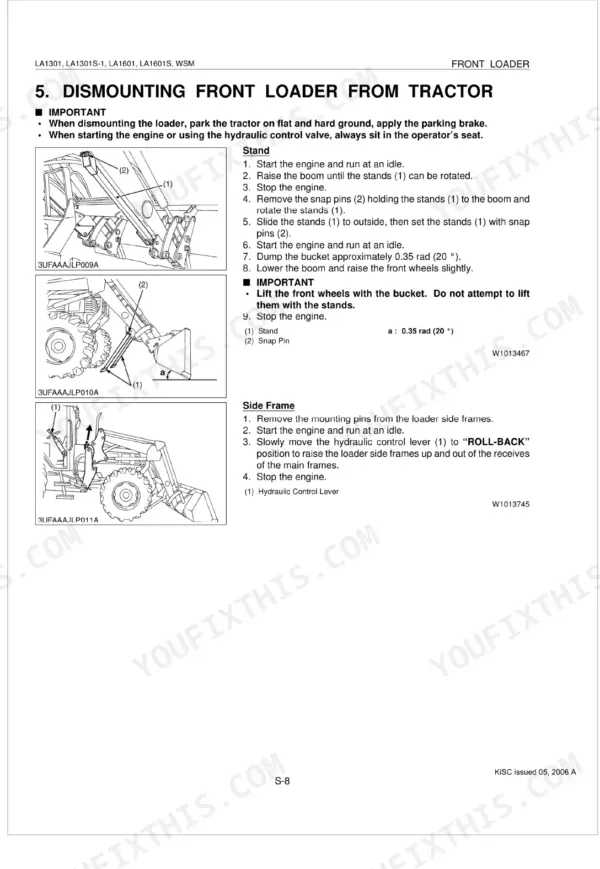 Kubota LA1301, LA1301S-1, LA1601, LA1601S procedure for dismounting the front loader from the tractor frame.