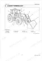Kubota LA1403AU loader terminology diagram identifying boom, bucket, cylinders, and main frame components.