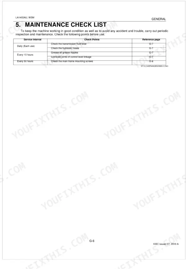Kubota LA1403AU maintenance check list table showing service intervals for fluid levels, hoses, grease nipples, and screws.