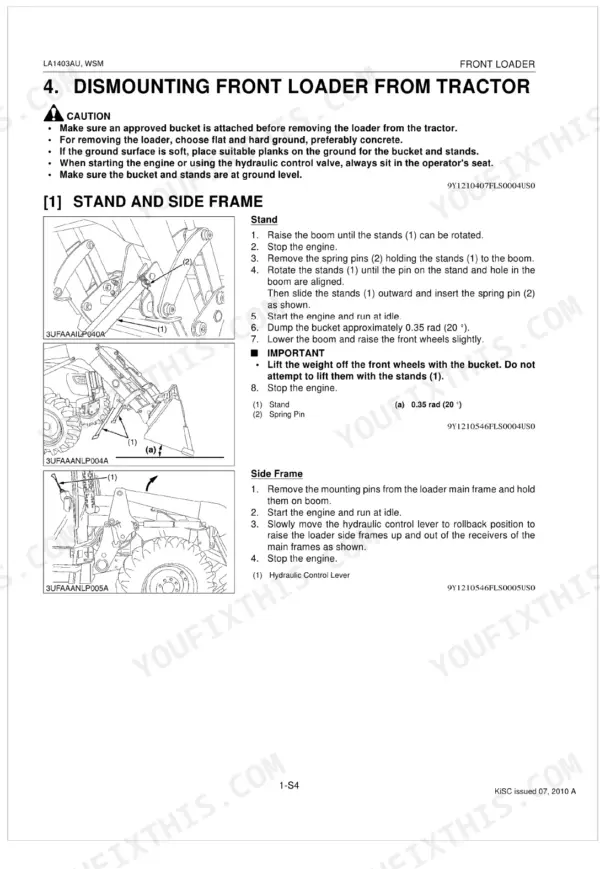 Kubota LA1403AU service manual procedure for dismounting front loader, including stand and side frame removal steps.