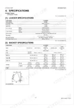 Kubota LA1403AU loader and bucket technical specifications table including cylinder dimensions, flow, and capacity data.