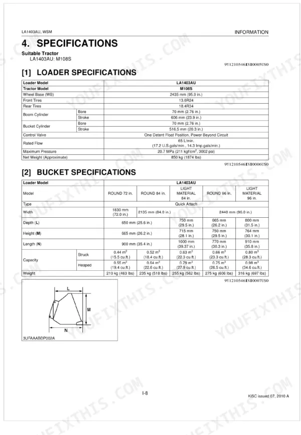 Kubota LA1403AU loader and bucket technical specifications table including cylinder dimensions, flow, and capacity data.