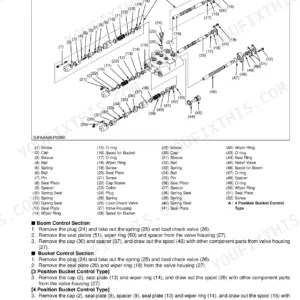 Kubota LA181, LA211 exploded view of control valve disassembly, parts list, and boom and bucket control removal procedures.