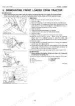 Kubota LA181, LA211 service manual page showing step-by-step procedures for dismounting the front loader from the tractor.
