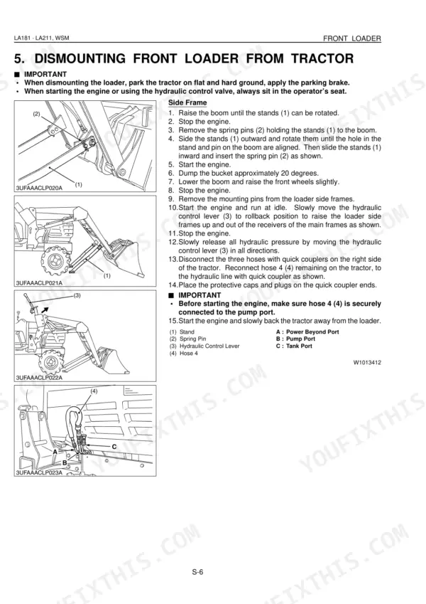 Kubota LA181, LA211 service manual page showing step-by-step procedures for dismounting the front loader from the tractor.
