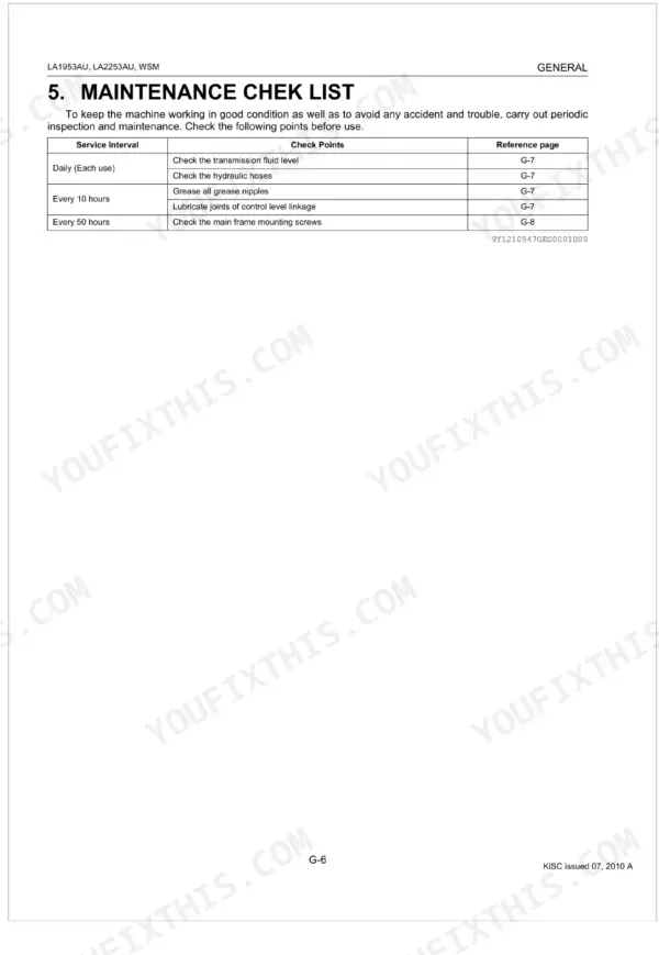 Kubota LA1953AU, LA2253AU maintenance check list table showing daily, 10-hour, and 50-hour service intervals.