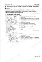 kubota-la1953au-la2253au-front-loader-workshop-manual-9y111-05470-procedures-97.webp Kubota LA1953AU, LA2253AU procedure for dismounting front loader, including stand and side frame removal diagrams.