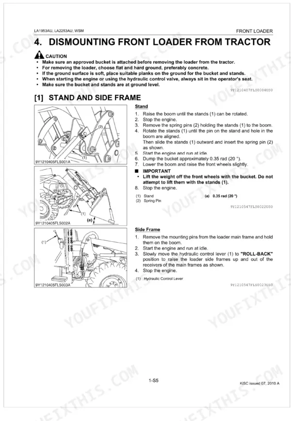 Kubota LA1953AU, LA2253AU procedure for dismounting front loader, including stand and side frame removal diagrams.