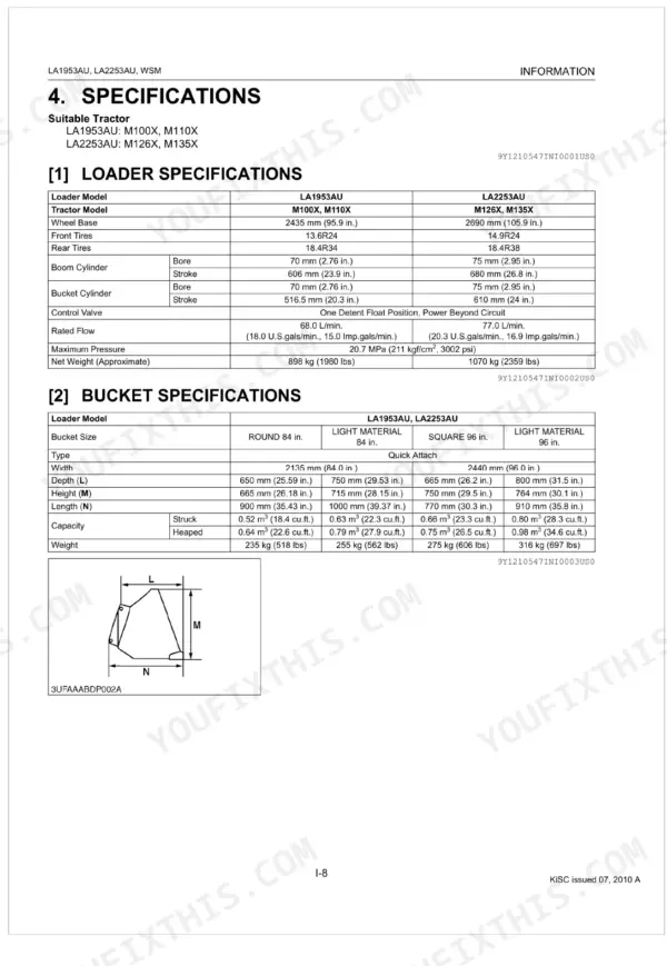 Kubota LA1953AU, LA2253AU loader and bucket specifications table with dimensions and cylinder bore stroke data.
