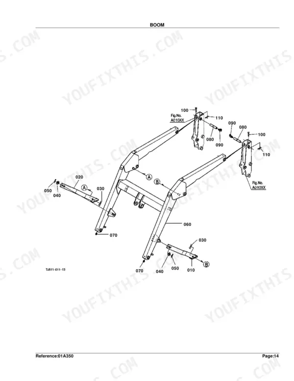 Kubota LA210 exploded view diagram of the loader boom assembly, showing support arms, pins, and mounting hardware.