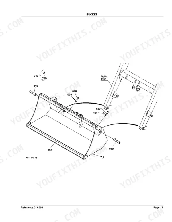 Kubota LA210 exploded view diagram showing bucket assembly, mounting pins, and locking cotter pins.