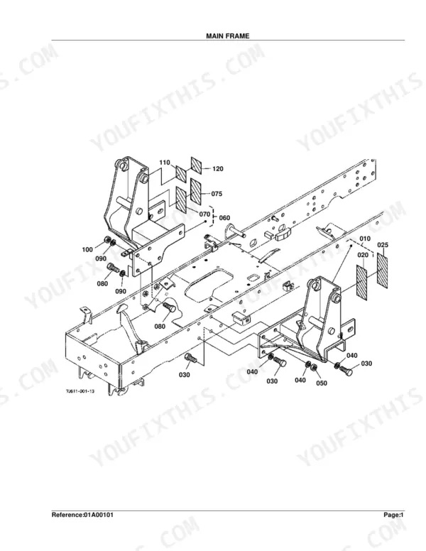 Kubota LA210 exploded view diagram of the main frame assembly, showing mounting brackets, bolts, nuts, and decals.