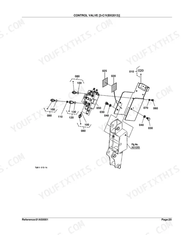 Kubota LA210 exploded view diagram of the control valve assembly and mounting bracket components.