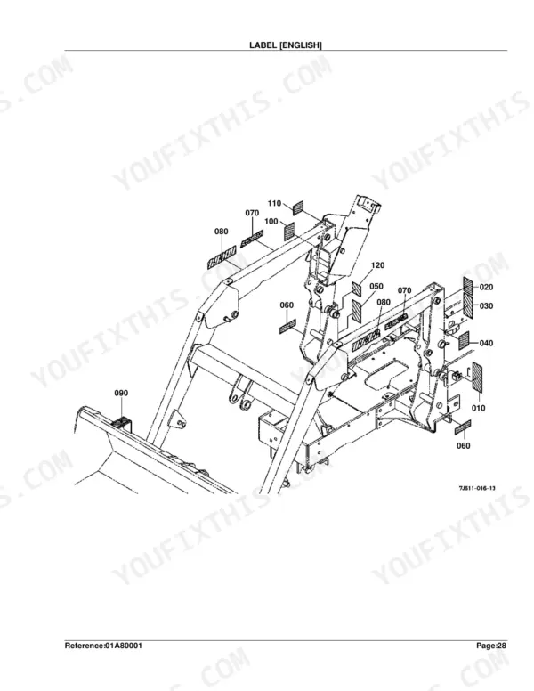 Kubota LA210 loader exploded view diagram showing placement of safety and identification labels.