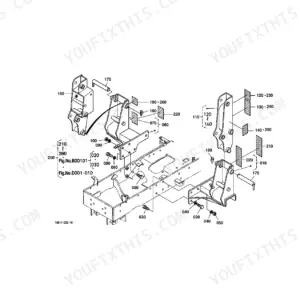 Kubota LA211 exploded view diagram of the main frame assembly showing mounting brackets, bolts, and pins.