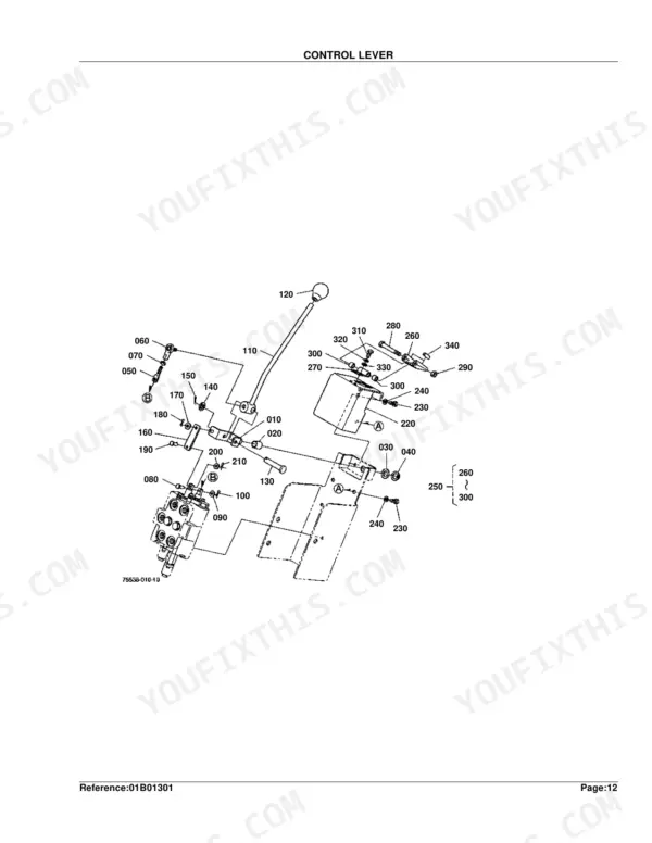 Kubota LA211 exploded view diagram of the control lever assembly, showing linkage, mounting hardware, and valve connections.