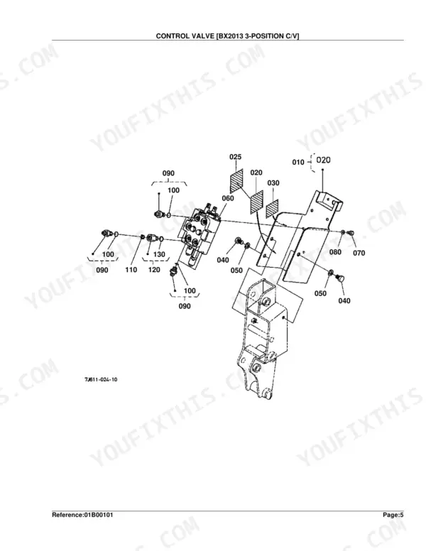 Kubota LA211 exploded view diagram of the BX2013 3-position control valve assembly and mounting bracket components.