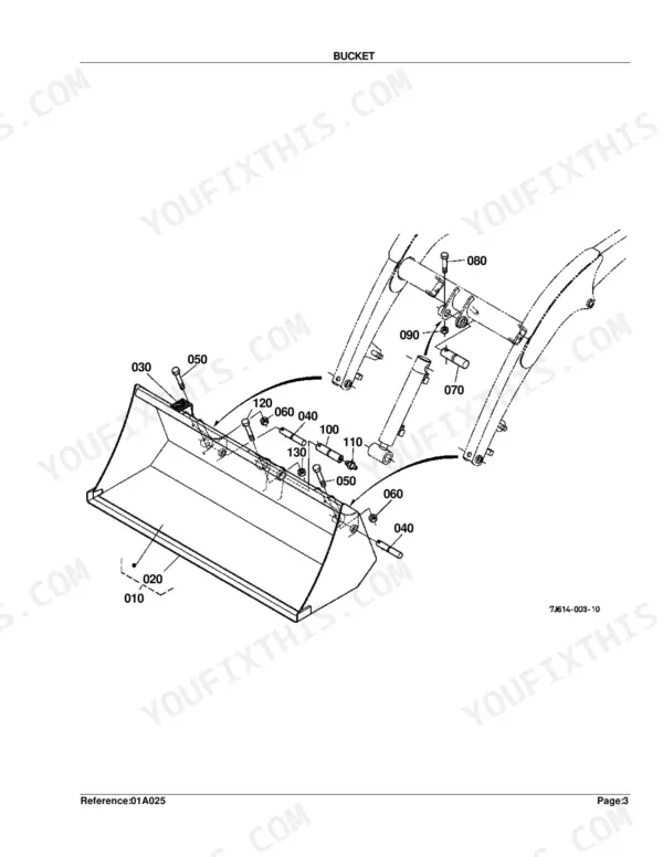 Kubota LA240 exploded view diagram of loader bucket assembly, pins, bolts, and mounting hardware components.