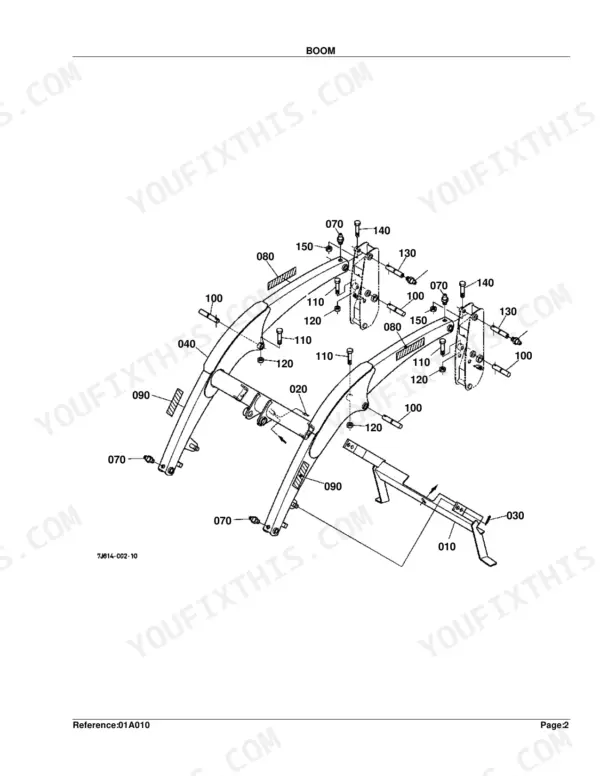 Kubota LA240 exploded view diagram of the loader boom assembly, including pins, bolts, and stand components.