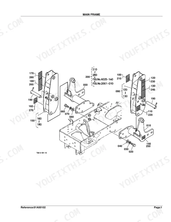 Kubota LA240 exploded view diagram of the main frame assembly, showing mounting brackets, pins, bolts, and hardware.