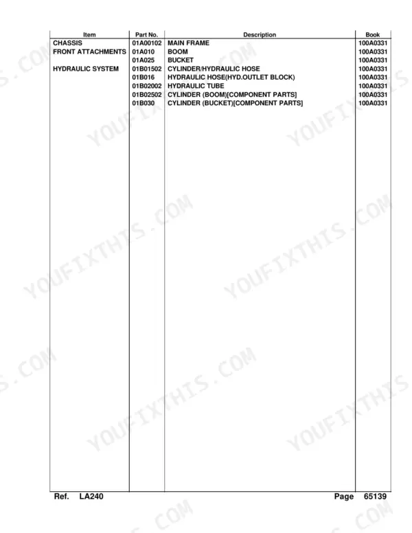 Kubota LA240 parts list table showing chassis, boom, bucket, and hydraulic system components with part numbers.