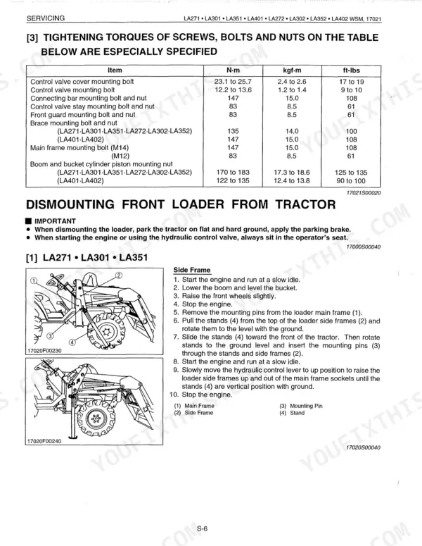 Kubota LA271, LA301, LA351, LA401, LA272, LA302, LA352, LA402 tightening torque table and loader dismounting procedure.