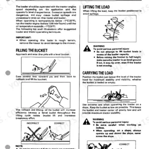 Kubota LA272, LA302, LA352, LA402 loader operation guide: bucket filling, lifting, and carrying safety procedures.