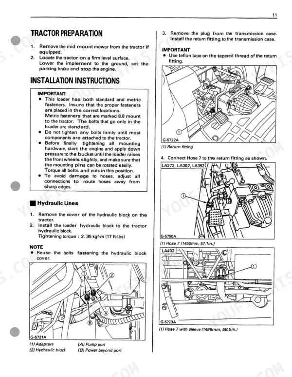 Kubota LA272, LA302, LA352, LA402 loader installation instructions, hydraulic line connection, and return fitting diagrams.