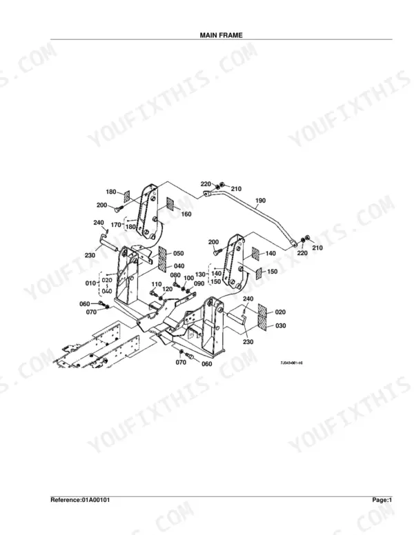 Kubota LA272 exploded view diagram of the main frame assembly, showing mounting brackets, support rods, and hardware.