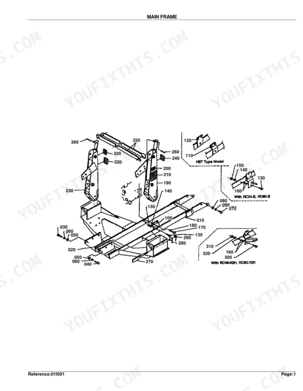 Kubota LA300 exploded view diagram of the main frame assembly, including HST, RC54-B, and RC60-72H mower deck components.