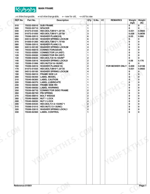 Kubota LA300 parts list for main frame, including sub frame, bolts, washers, connectors, and labels.