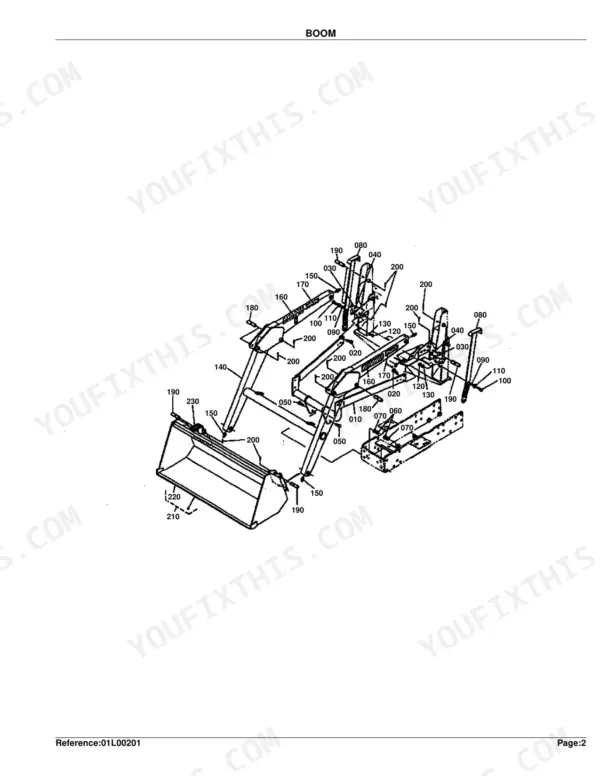 Kubota LA301, LA351 exploded view diagram of the loader boom assembly, including bucket and mounting components.