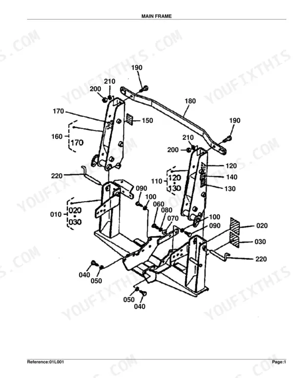 Kubota LA301, LA351 exploded view diagram of the main frame assembly with numbered hardware components.