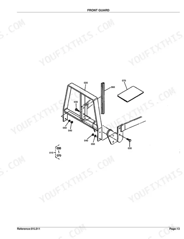 Kubota LA301, LA351 exploded view diagram of the front guard assembly, showing mounting hardware, trim, and plate components.