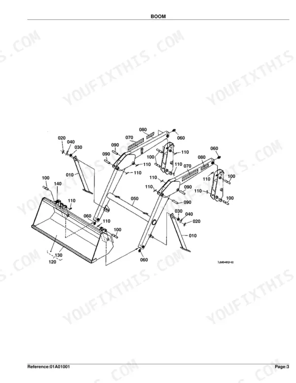 Kubota LA302 Loader exploded view diagram of the boom assembly, including bucket, support stands, and mounting hardware.