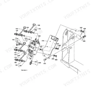 Kubota LA302 Loader exploded view of the control valve assembly, mounting bracket, and hydraulic fittings with reference numbers.