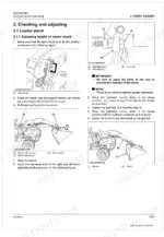 kubota-la344au-front-loader-workshop-manual-9y111-18210-procedures-68.webp Kubota LA344AU front loader stand height adjustment procedure with diagrams of the stand lever, adjusting bolt, and block.