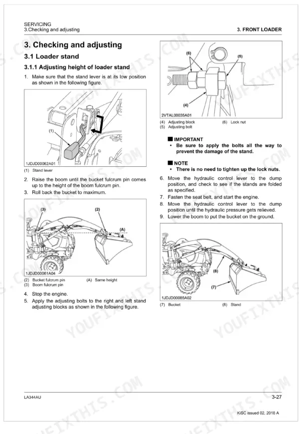 Kubota LA344AU front loader stand height adjustment procedure with diagrams of the stand lever, adjusting bolt, and block.