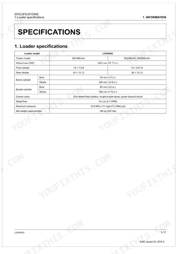 Kubota LA344AU loader specifications table including cylinder dimensions, hydraulic pressure, and tractor compatibility.